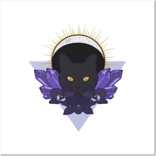 Moon Kitty with Crystals and Orchids Posters and Art